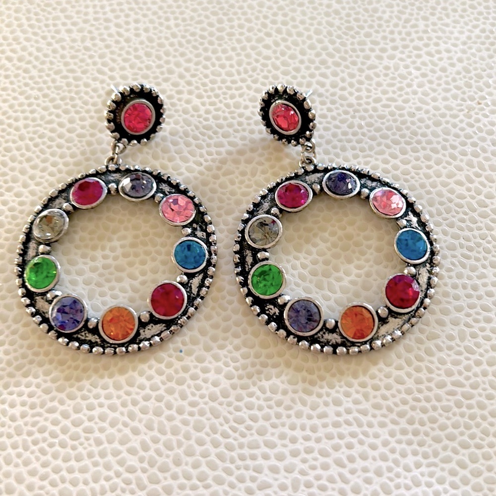 Door-Knocker Post Earrings NWOT Colorful Gemstones Antique Metallic Finish